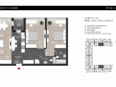 Apartament cu 3 camere tip 3D1 logie - Atria Urban Resort