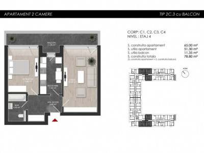 Apartament cu 2 camere tip 2C3 Balcon - Atria Urban Resort