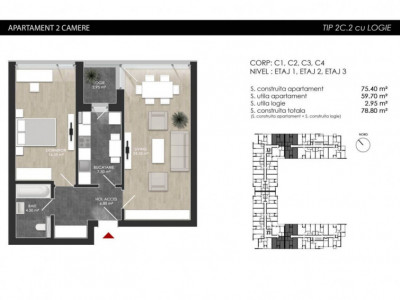 Apartament cu 2 camere tip 2C2 Logie- Atria Urban Resort