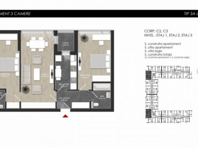 Apartament cu 3 camere tip 3D1 logie - Atria Urban Resort